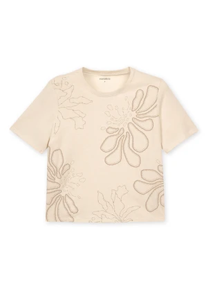 Marialícia - T-Shirt Feminina Floral Puff Bege - MARIALÍCIA