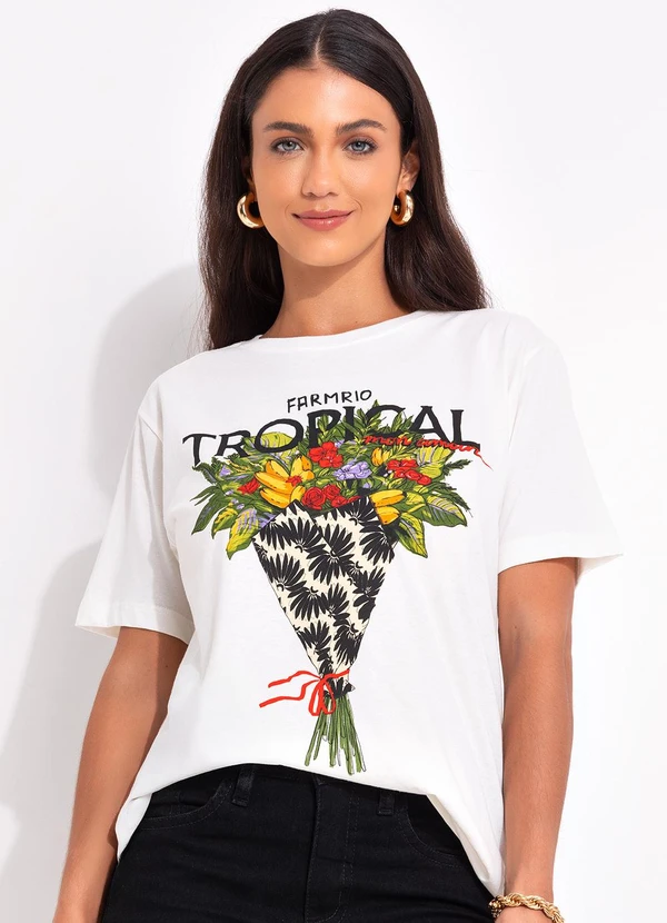 Farm - T-Shirt Fit Bouquet Tropical Off White