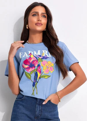 Farm - T-Shirt Fit Flores Passarinho Rio Azul - FARM