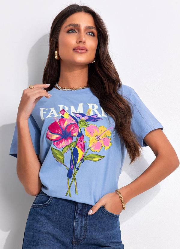 Farm - T-Shirt Fit Flores Passarinho Rio Azul