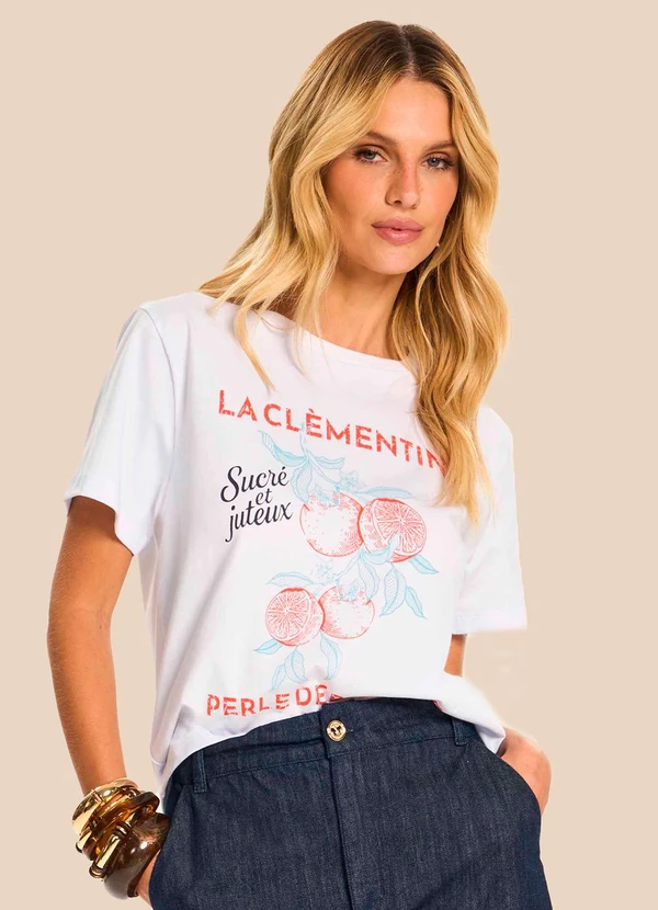 Doce Trama - T-Shirt Manga Curta Meia Malha Estampada Branco