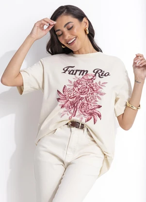 Farm - T-Shirt Média Arara em Flores Bege - FARM