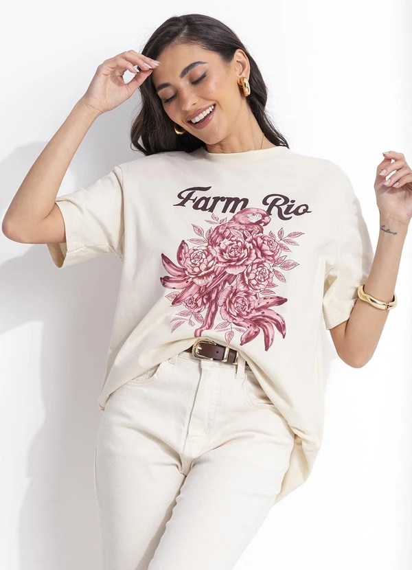 Farm - T-Shirt Média Arara em Flores Bege