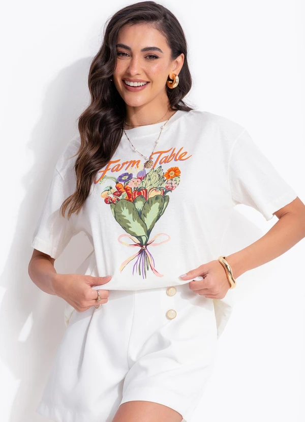 Farm - T-Shirt Média Bouquet Feira Off White