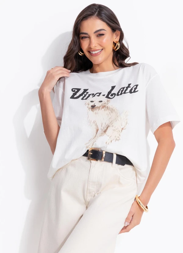 Farm - T-Shirt Média Vira Lata Fiapo de Manga Off Wite