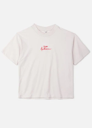 Authoria - T-Shirt Off com Gola de Tricot e Bordado Bege - AUTHORIA