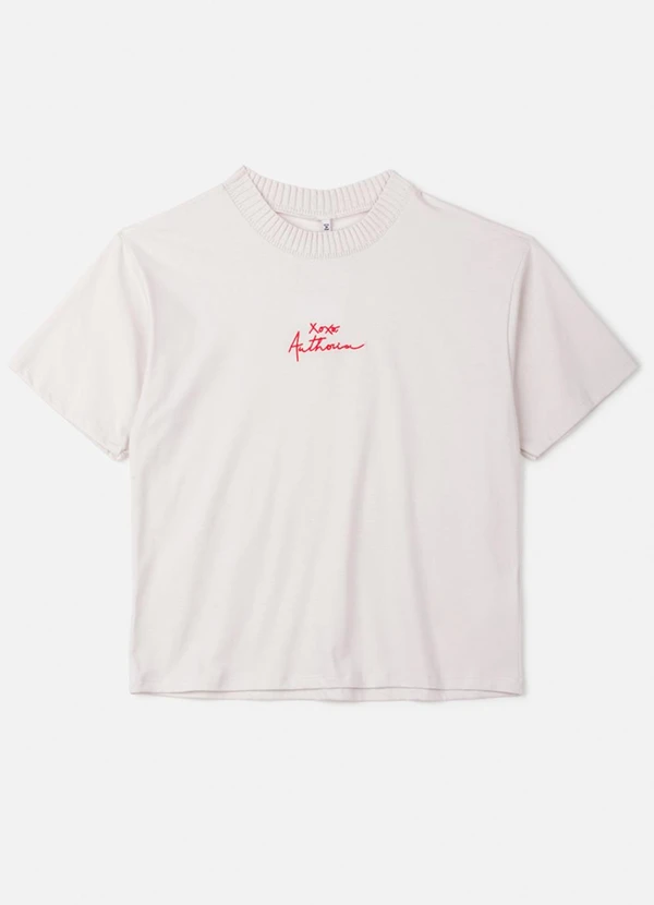 Authoria - T-Shirt Off com Gola de Tricot e Bordado Bege 1