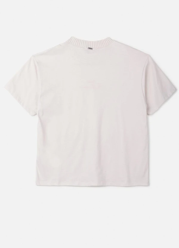 Authoria - T-Shirt Off com Gola de Tricot e Bordado Bege 2