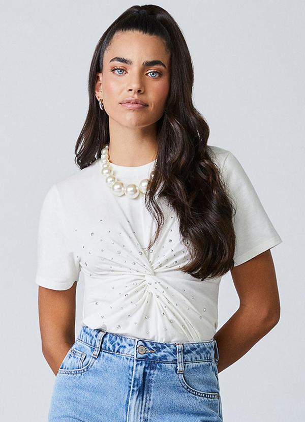 Authoria - T-Shirt Off White com Nó e Strass Off White