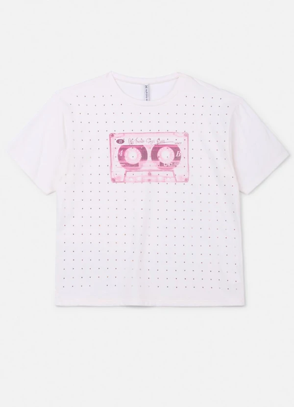 Authoria - T-Shirt Off White Estampada com Strass Off White