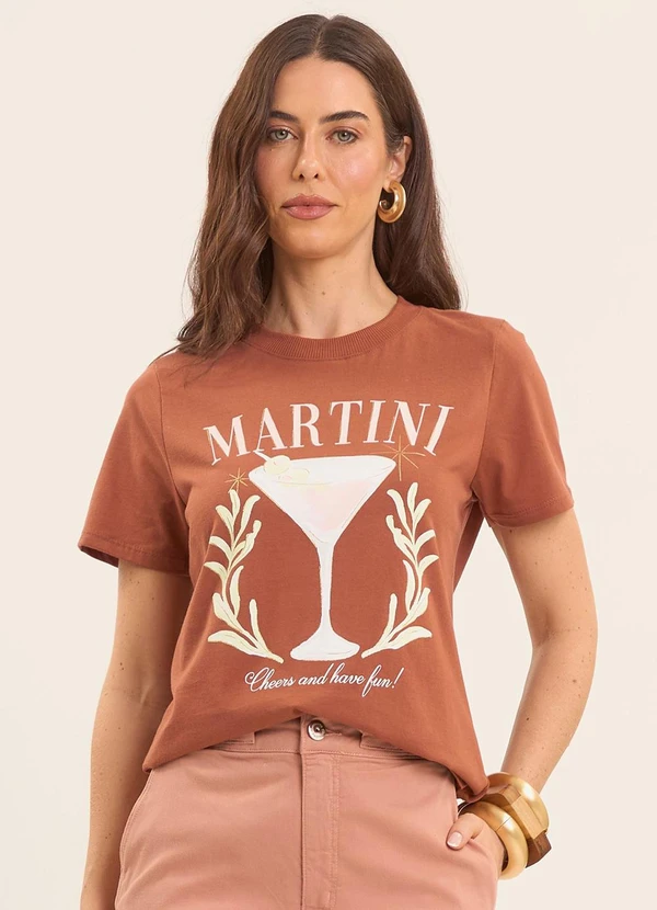 Doce Trama - T-Shirt Oliva Estampada Marrom