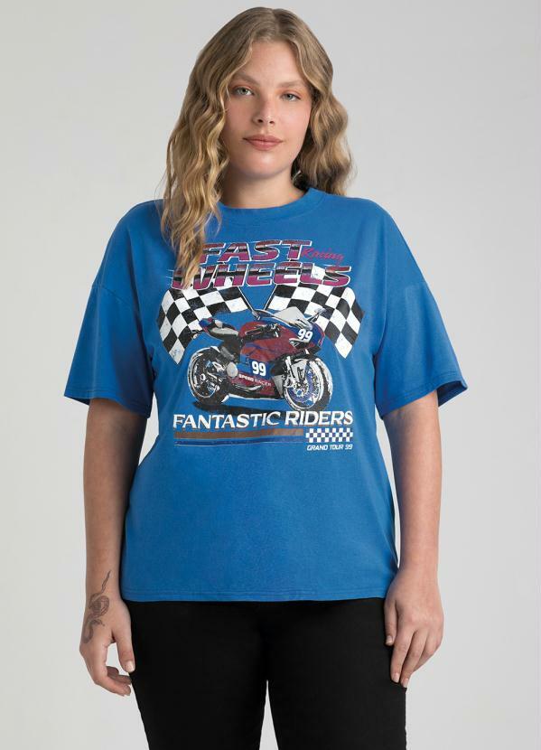 Enfim - T-Shirt Oversized Feminina Fantastic Riders Azul