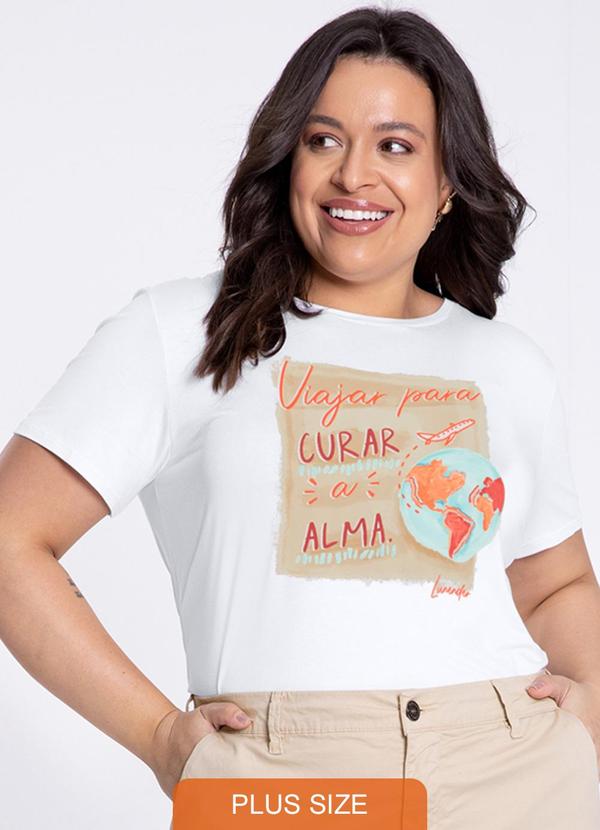 Lunender Mais Mulher - T-Shirt Plus Size em Malha Estampa Viajar Branco