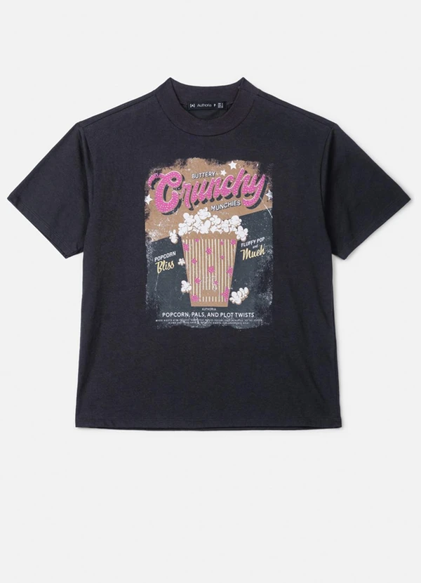 Authoria - T-Shirt Preta Estampada com Strass Preto