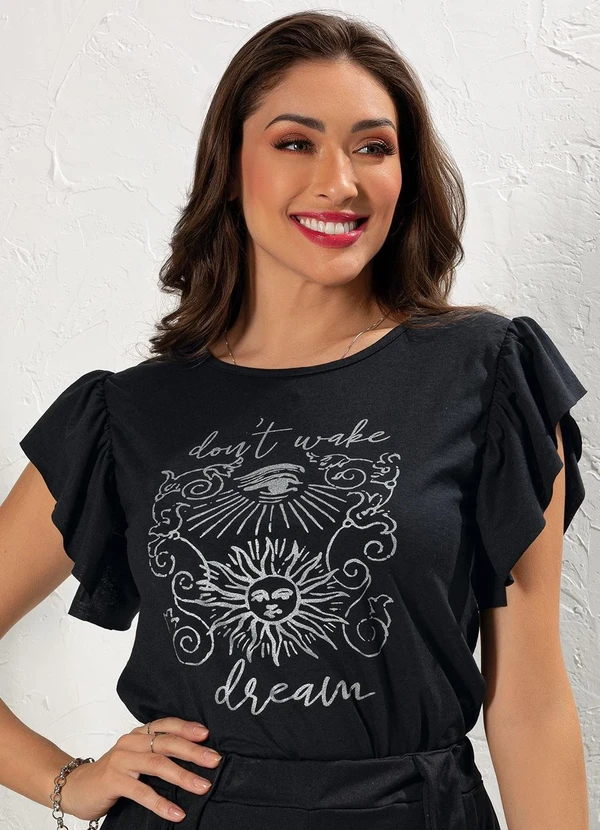 Moda Pop - T-Shirt Preto em Malha de Algodão