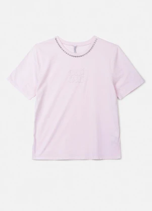 Authoria - T-Shirt Rosa com Pedrarias na Gola Rosa - AUTHORIA