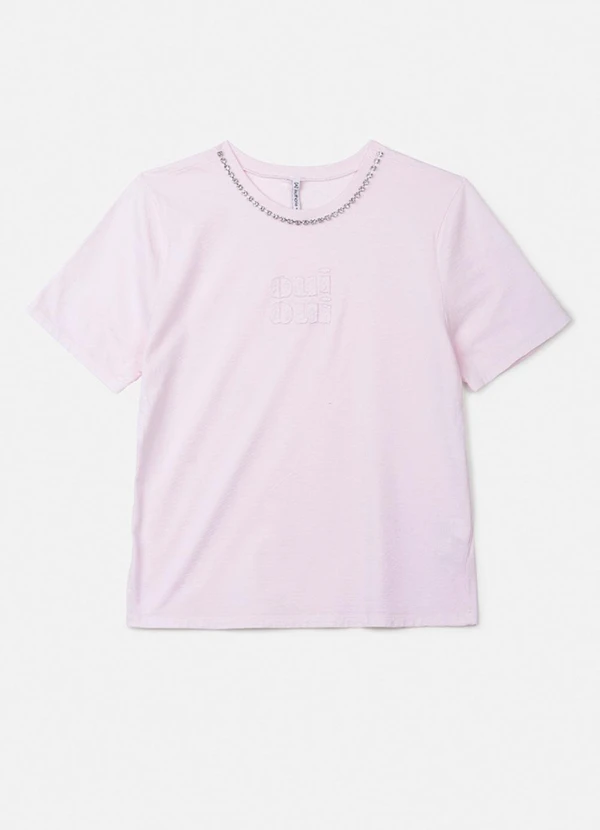 Authoria - T-Shirt Rosa com Pedrarias na Gola Rosa