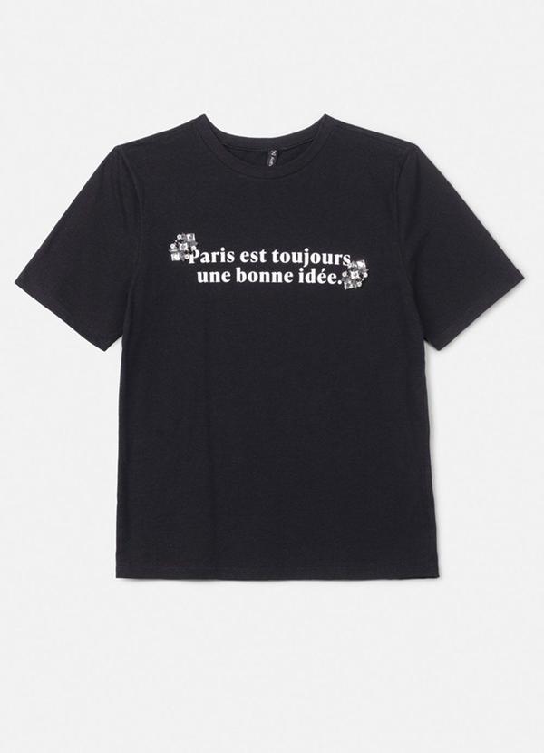 Authoria - T-Shirt Slim Preta Paris com Strass Preto