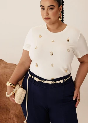 Elegance - Tshirt com Aviamento na Frente Off White - ELEGANCE