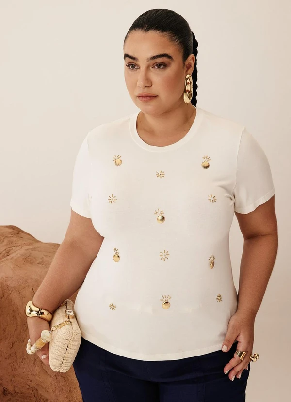 Elegance - Tshirt com Aviamento na Frente Off White