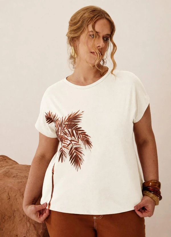Elegance - Tshirt com Manga Morcego Estampa Off White