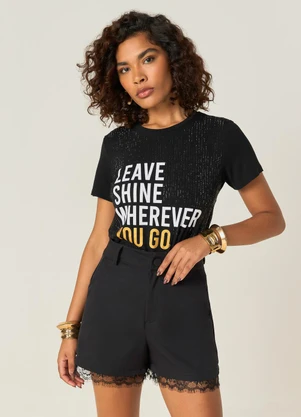 Elegance - Tshirt com Pedraria e Estampa Frontal Preto - ELEGANCE