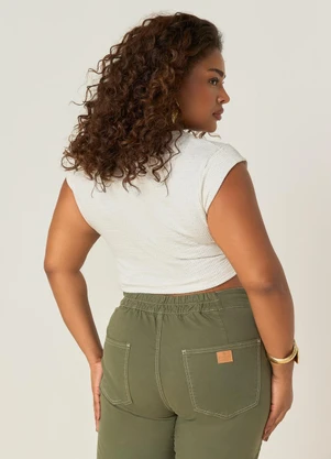 Elegance - Tshirt Cropped com Bolso e Nó Barra Bege Natural - ELEGANCE