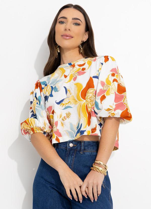 Farm - Tshirt Cropped Floral Majestoso Off White