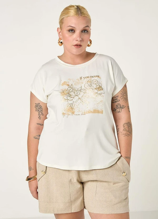 Elegance - Tshirt Manga Morcego com Estamparia Off White