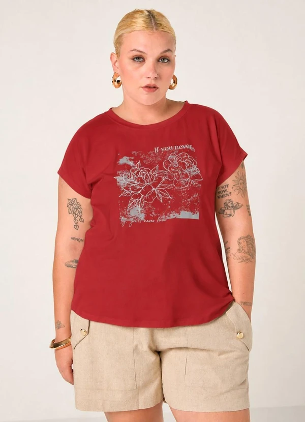 Elegance - Tshirt Manga Morcego com Estamparia Vermelho