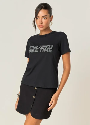 Elegance - Tshirt Reta com Estamparia Brilhosa Preto - ELEGANCE