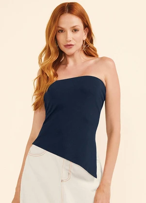 Marialícia - Blusa Feminina Assimétrica sem Alças Azul - MARIALÍCIA