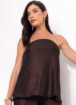 Quintess - Blusa Marrom em Malha Canelada com Lurex - QUINTESS