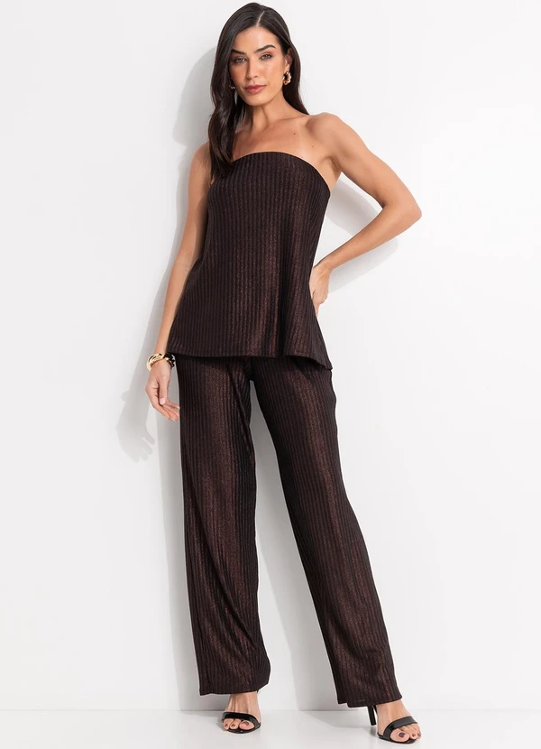 Quintess - Blusa Marrom em Malha Canelada com Lurex