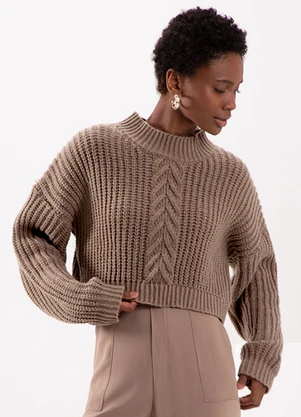 Lunender - Blusão Curto de Tricô com Gola Alta Marrom - LUNENDER