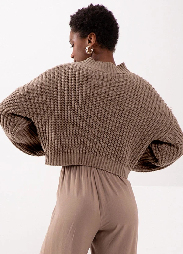 Lunender - Blusão Curto de Tricô com Gola Alta Marrom 2