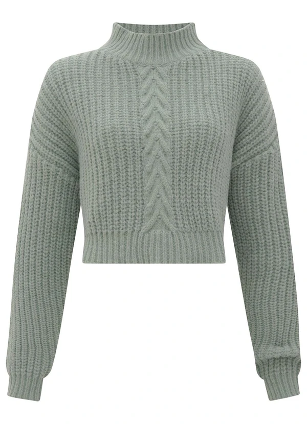 Lunender - Blusão Curto de Tricô com Gola Alta Verde