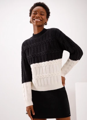 Lunender - Blusão de Gola Alta Bicolor em Tricô Preto - LUNENDER