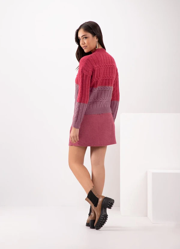 Lunender - Blusão de Gola Alta Bicolor em Tricô Vermelho 4