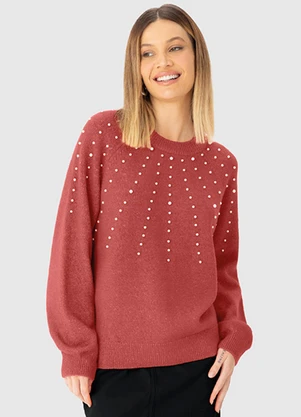 Enfim - Blusão Suéter em Tricô com Pérolas Laranja - ENFIM