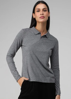 Basicamente - Camisa Polo Manga Longa Feminina Mescla Escuro - BASICAMENTE