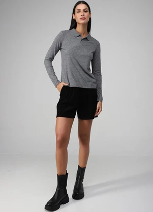 Basicamente - Camisa Polo Manga Longa Feminina Mescla Escuro - BASICAMENTE