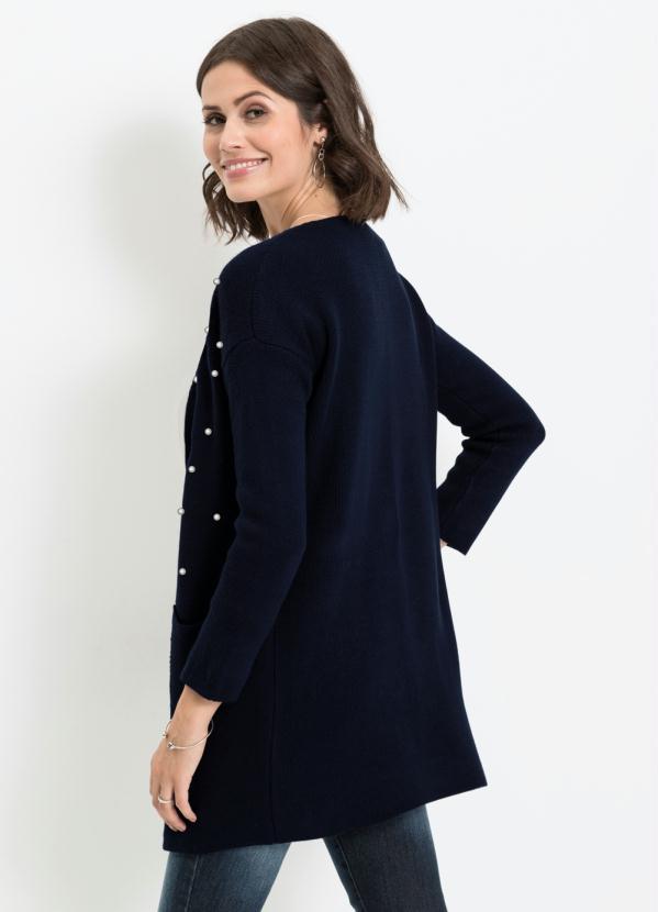 Outlet - Cardigan Alongado com Pérolas Azul Marinho 2
