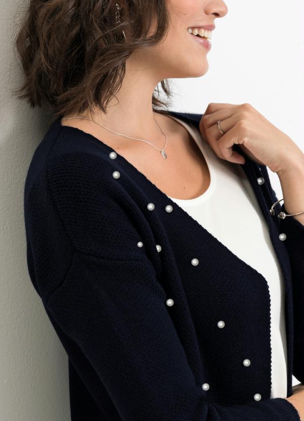 Outlet - Cardigan Alongado com Pérolas Azul Marinho 3