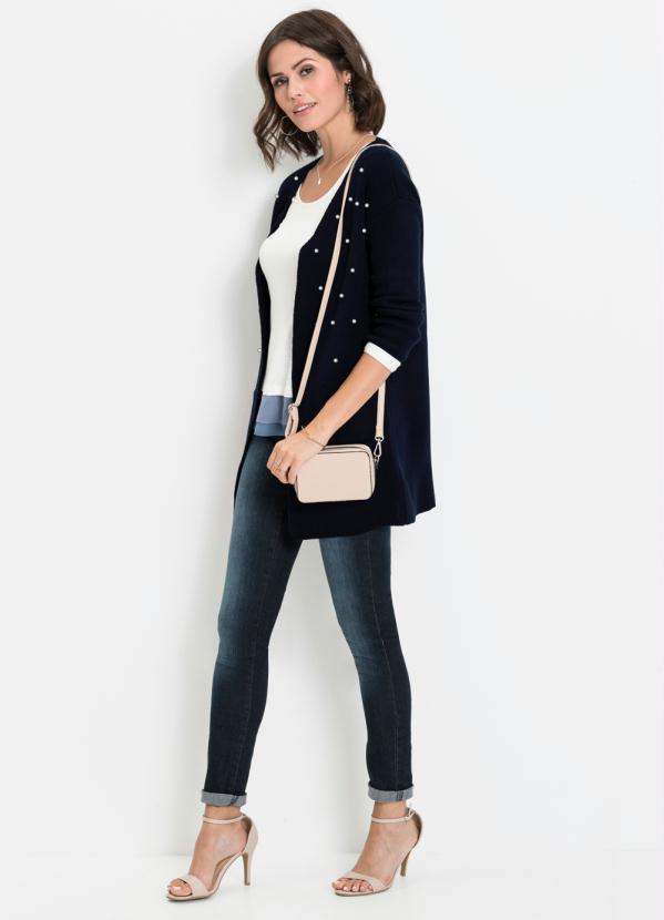 Outlet - Cardigan Alongado com Pérolas Azul Marinho 4