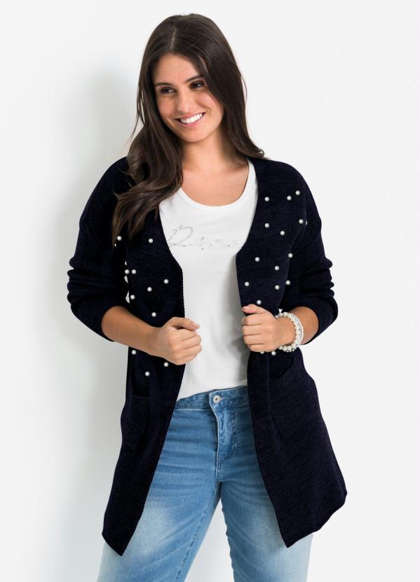 Outlet - Cardigan Alongado com Pérolas Azul Marinho 6