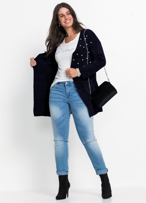 Outlet - Cardigan Alongado com Pérolas Azul Marinho 8