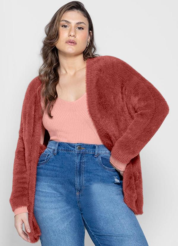 Enfim - Cardigan Alongado em Tricô Felpado Rosa