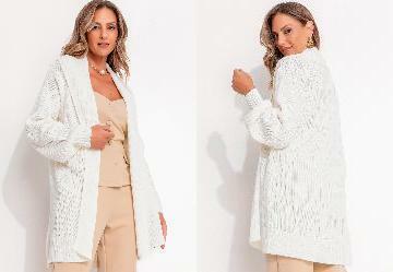 Cardigan Alongado Off White em Tric