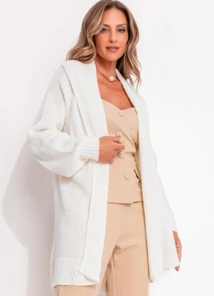 Quintess - Cardigan Alongado Off White em Tricô - QUINTESS